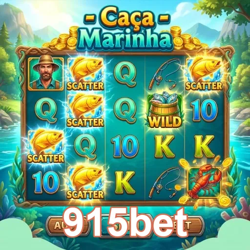Tela do jogo Caça Marinha na 915bet com símbolos de peixes.