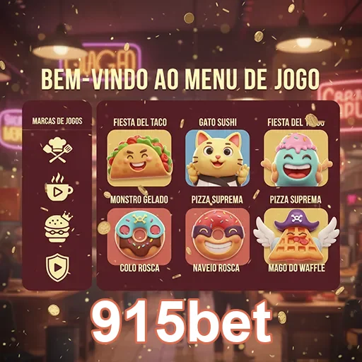 Menu de jogos da 915bet com slots e personagens coloridos.