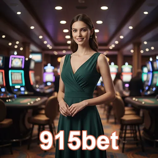 Jogadora em cassino da 915bet com máquinas ao fundo.