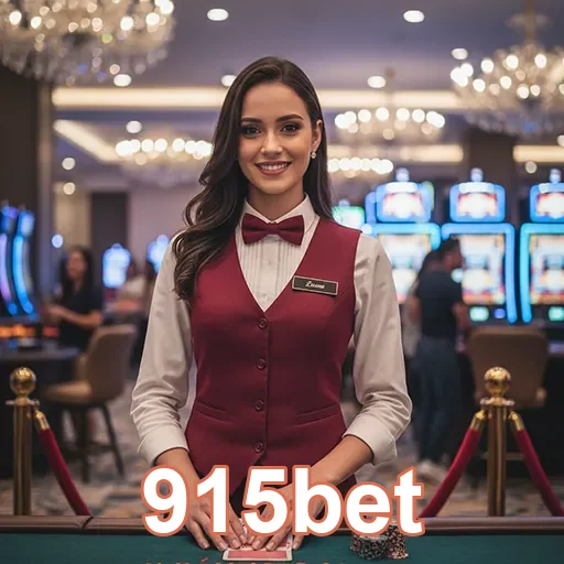 Funcionária da 915bet em ambiente de cassino VIP.