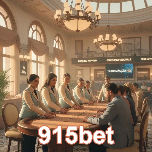 Ambiente VIP da 915bet com atendentes e mesas de jogo.