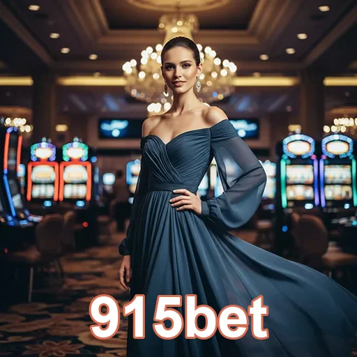 Jogadora em cassino elegante da 915bet com máquinas de slots ao fundo.